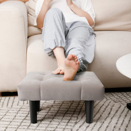 HOUCHICS Small Footstool Ottoman, Velvet Wooden Foot Stool Ottoman with Wood Legs, Sofa Footrest Extra Seating for Living Room Entryway Office(Grey 1PACK) HOUCHICS
