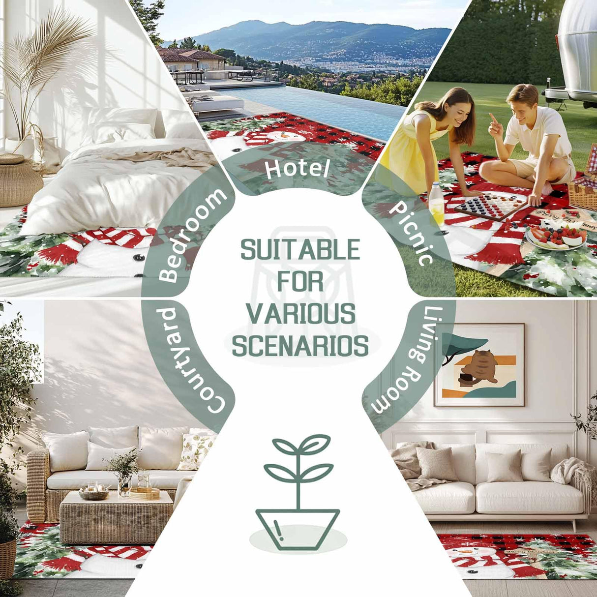 Christmas Red Snowman Outdoor Rug 6x9ft Winter Snowflakes Tree Red Plaid Waterproof Patio Rugs Lightweight Foldable Outside Large Area Rug Carpet for Porch Deck Balcony Backyard Camper Lkicikik