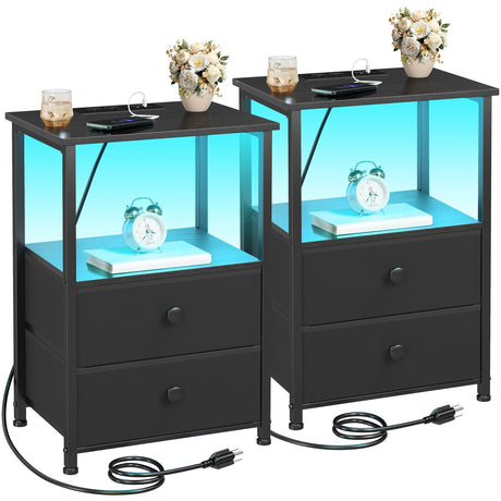 LOAKEKEL Night Stand Set 2, LED Nightstand with Charging Station, End Tables with Storage Shelf, Bedside Table with 2 Fabric Drawers for Bedroom, Small Spaces, Black, HETS02BK LOAKEKEL