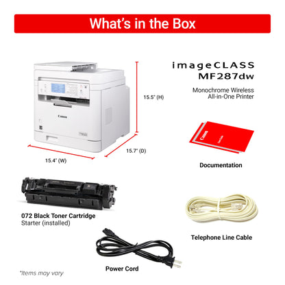 Canon imageCLASS MF287dw - Wireless Monochrome Laser Printer, All-in-One Print, Copy, Scan, Fax with Auto Document Feeder, 1 Year Limited Warranty, White