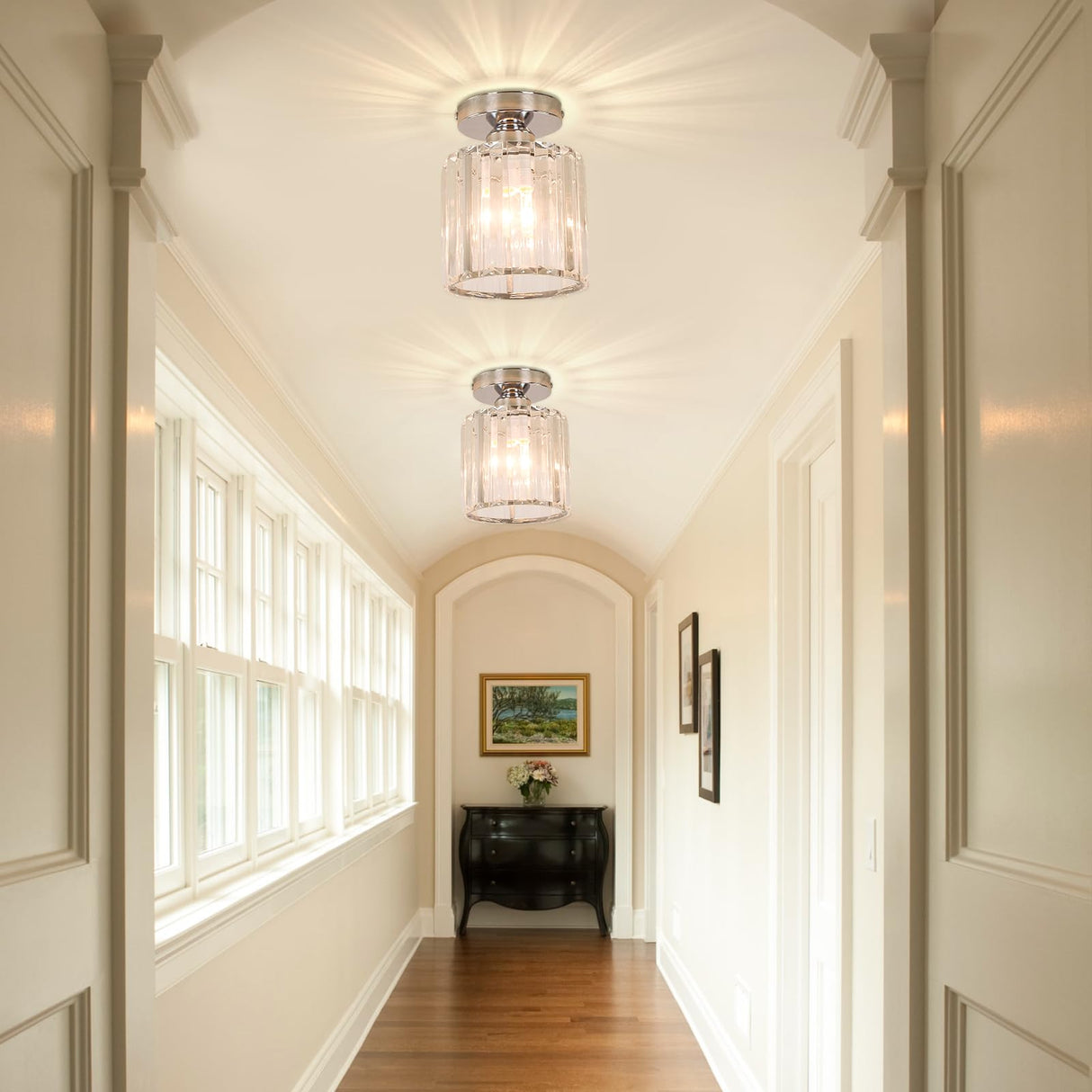 FRIXCHUR Small Chandelier Crystal Ceiling Light Semi Flush Mount Ceiling Lighting Fixture Modern Crystal Ceiling Light for Hallway Kitchen Island Dining Room Bedroom E26 Base Chrome FRIXCHUR