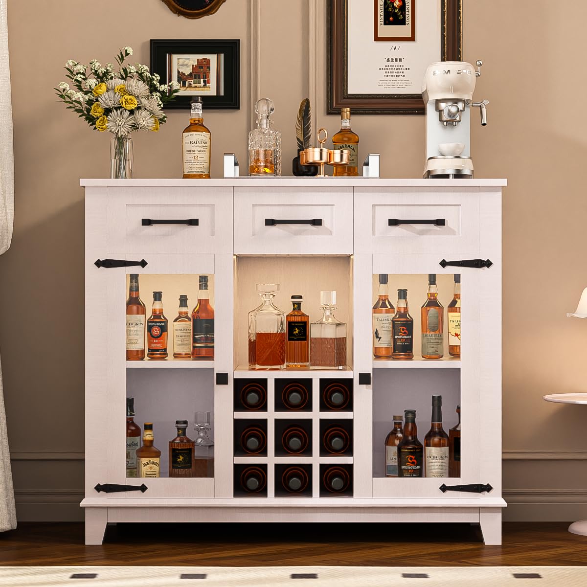 Bestwyc Coffee Bar Cabinet with LED Lighting, Storage, Wine Rack, Drawers, 47 inches, Antique White - WoodArtSupply