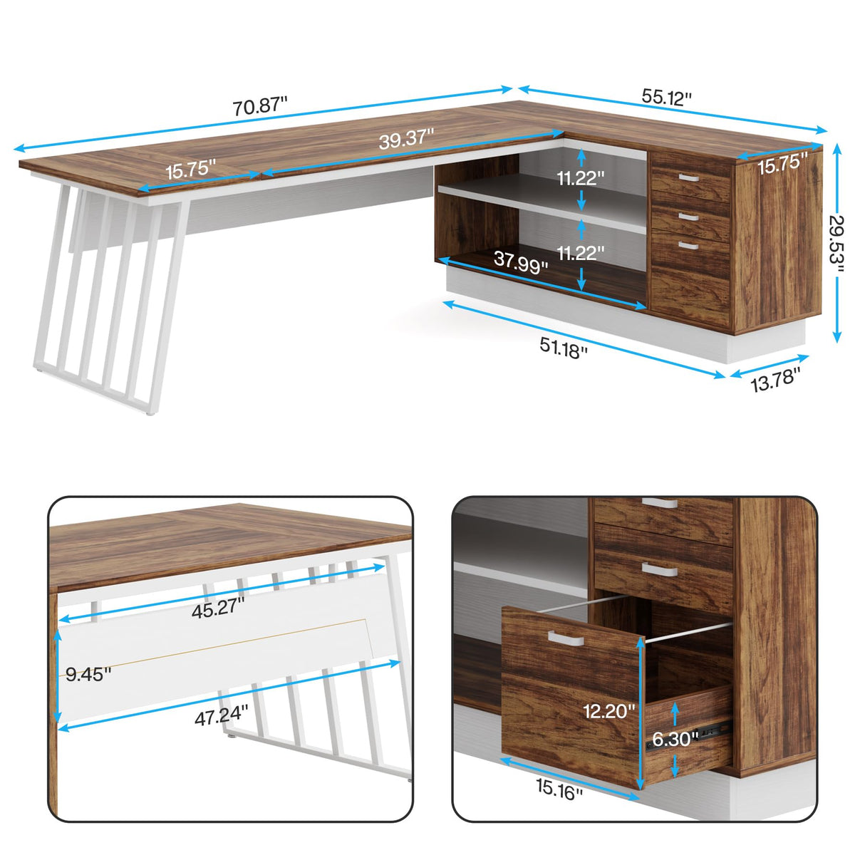 Tribesigns 71-Inch Executive Desk, L-Shaped Desk with Cabinet, Large Office Desk with Drawers and Storage Shelves, Writing Table Computer Desk for Home Office, Brown and White Tribesigns