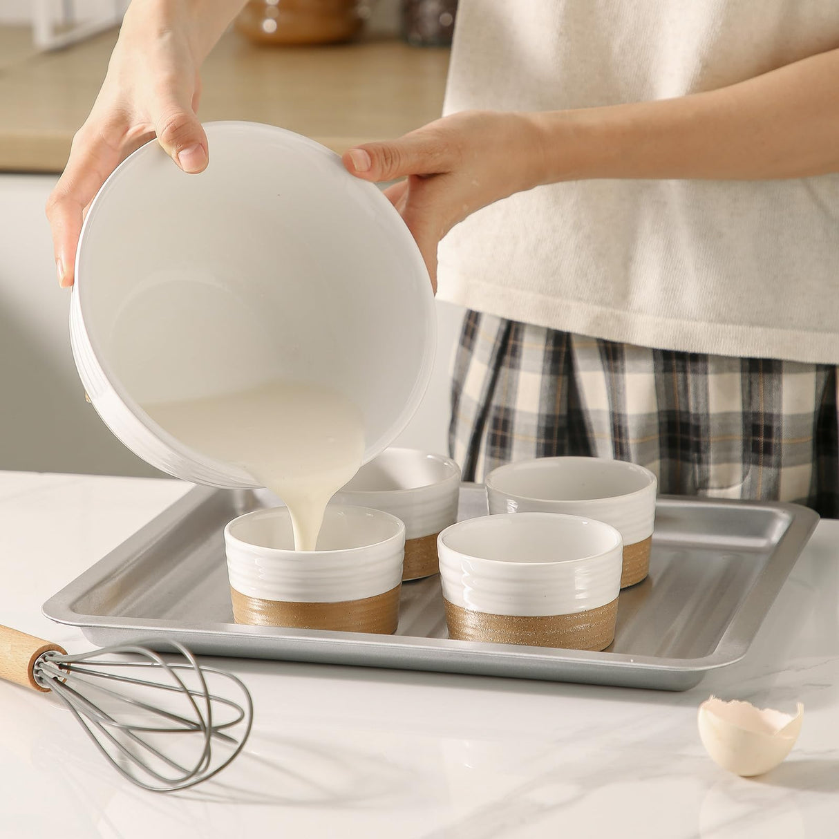 Hasense Ramekins, 6 oz Stoneware Ramekins Oven Safe Set of 6, Mini Ramekins Bowls for Dipping, Brulee, Custard, Farmhouse White Ramekins Gift Hasense