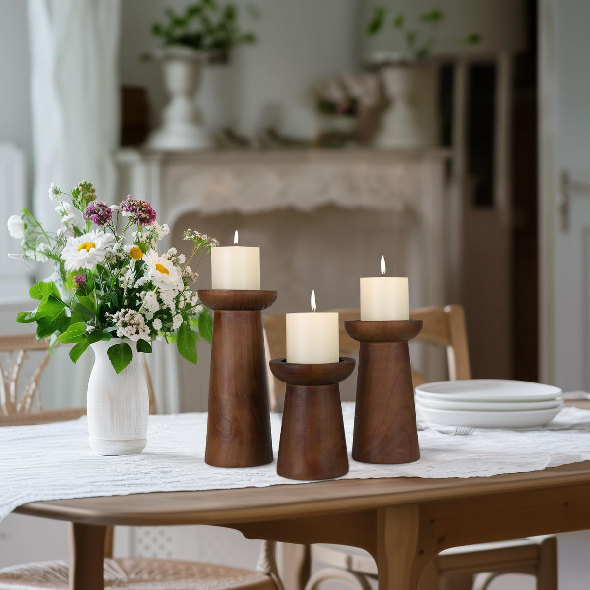 Pillar Candle Holders Set of 3， Wooden Candle Holders， Decorative Wood Candlestick Holders for Living Room, Table Centerpiece for Wedding, Christmas, Party, Home - 6", 8", 10" CEDARLUX