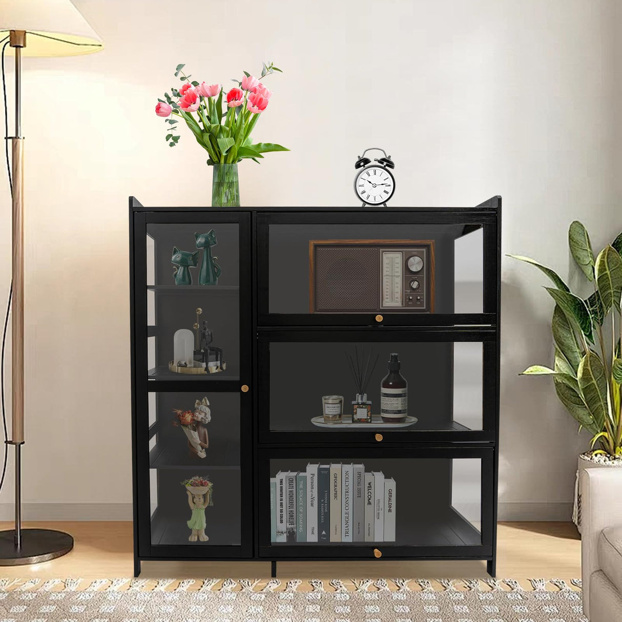 BANEBONE Display Cabinet with Acrylic Doors, 7 Storage Spaces Storage Cabinet & Curio Cabinet with Clear Acrylic Doors, Modern Black Bamboo & Composite Wood for Collectibles, Kitchen, Living Room BANEBONE