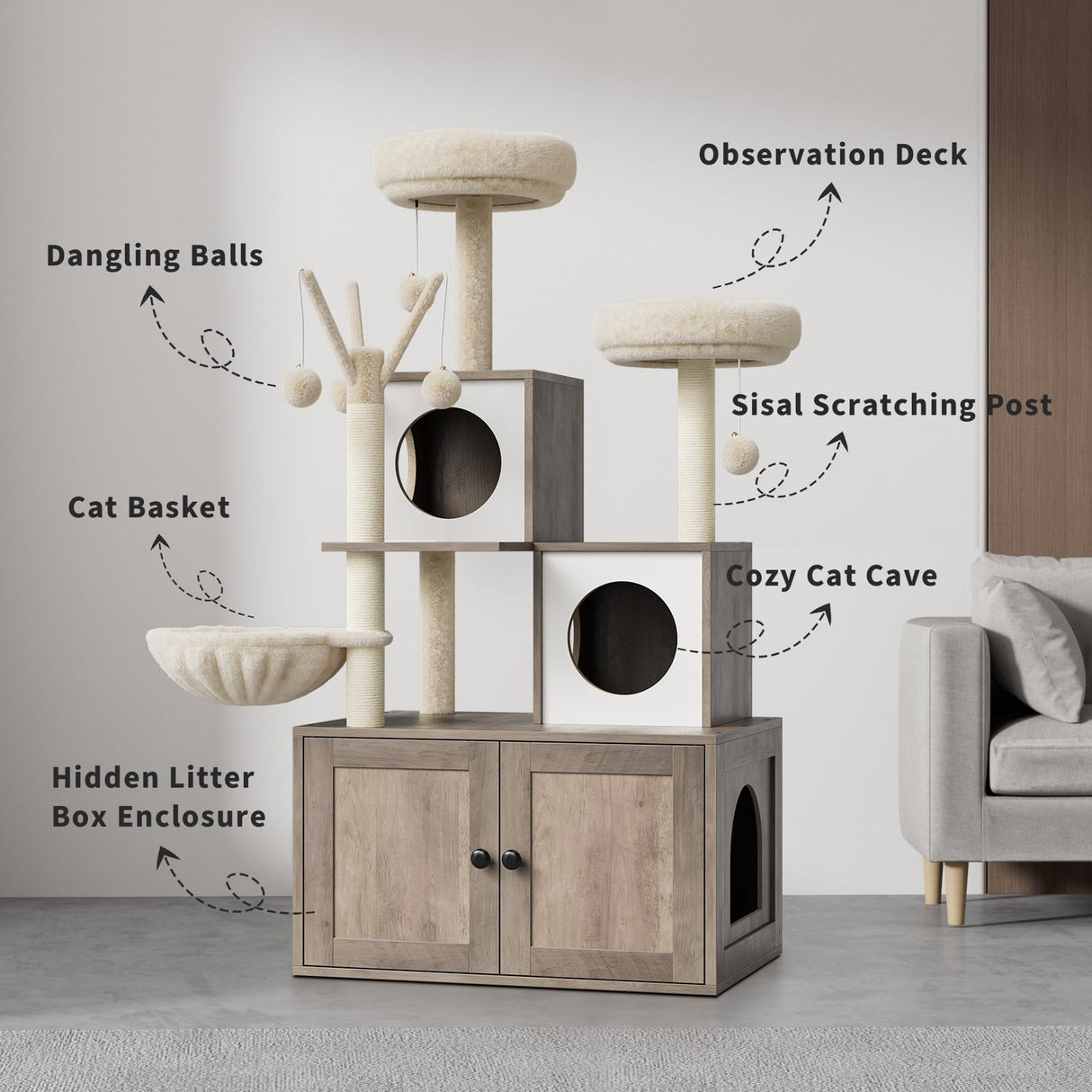 Litter Box Enclosure with Cat Tree Tower and Condo, Hidden Cat Washroom Furniture with Sisal Scratching Post & Soft Plush Perch, Wooden Cat Furniture with Multiple Platforms,Griege Amenitlif