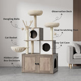 Litter Box Enclosure with Cat Tree Tower and Condo, Hidden Cat Washroom Furniture with Sisal Scratching Post & Soft Plush Perch, Wooden Cat Furniture with Multiple Platforms,Griege Amenitlif