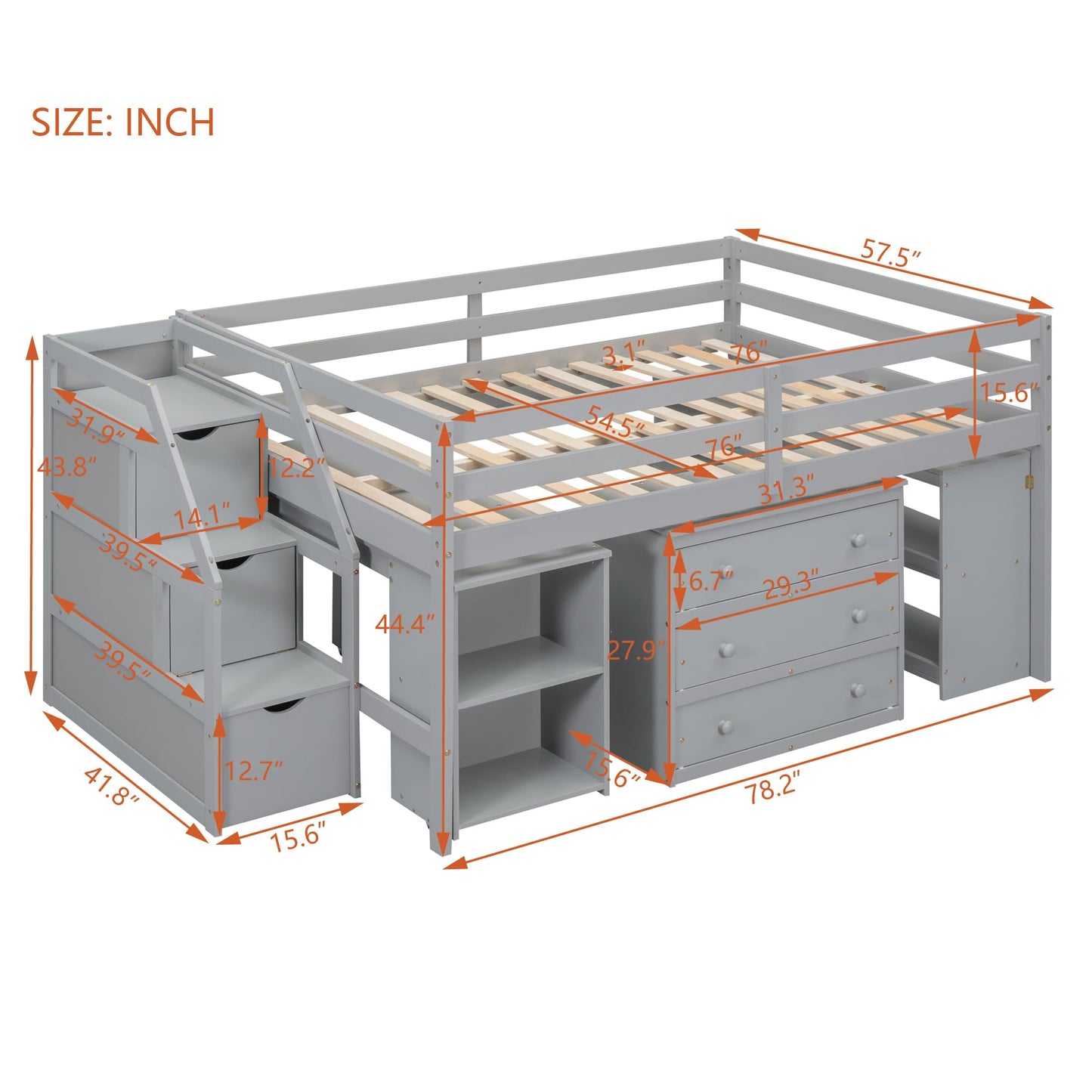 Harper & Bright Designs Grey Full Low Loft Bed with Storage, Stairs, and Rolling Desk - WoodArtSupply