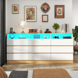 Loomie 9 Drawers Dresser, 63'' White Chests of Drawers with Power Outlet, Accent Large Double Dresser with LED Light, Modern Storage Dresser for Bedroom, Living Room (White&Light Walnut) Loomie