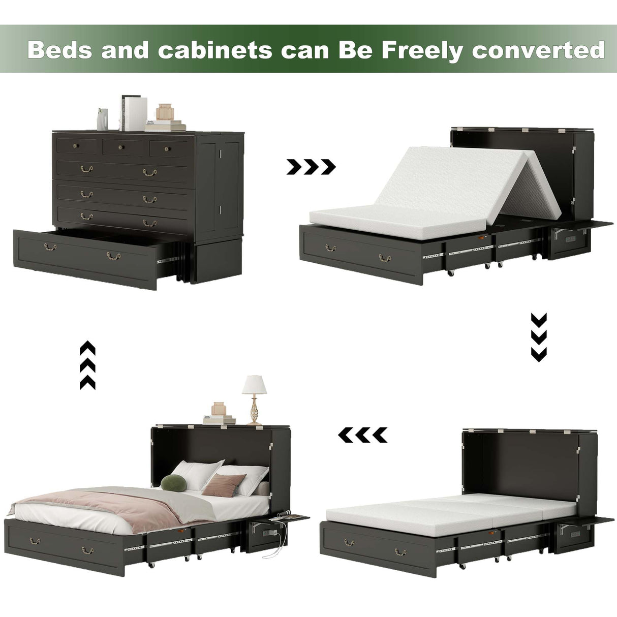 TemkTuek Queen Size Murphy Bed Cabinet with Drawers Storage & USB Charging Station, Space-Saving Hideaway Bed for Guest Room & Small Bedroom 84" L x 60" W x 44" H Black-7(NOT Included Mattress) TemkTuek