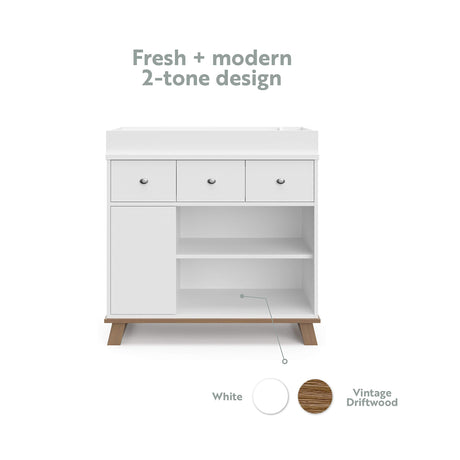 Storkcraft Modern Nursery Changing Table Dresser Combo (White & Vintage Driftwood) – GREENGUARD Gold Certified, Dresser for Nursery, Changing Table with Drawers, Removable Changing Table Topper Storkcraft