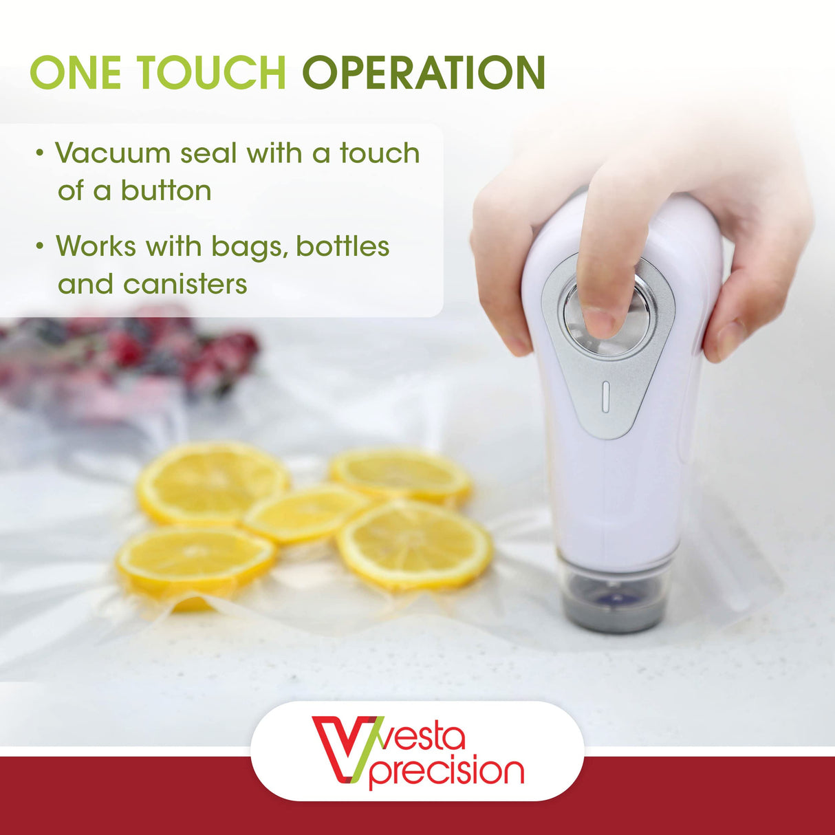 Vacuum Sealer by Vesta Precision - Handheld Vac 'n Seal | Extends Food Freshness | Fast and Powerful Vacuum | Compact Design | Long Battery Life | Works with valved Vacuum Bags, Bottles, and Canisters V Vesta Precision
