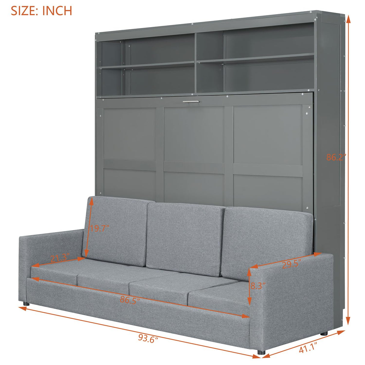 Linique Queen Size Murphy Bed with Sofa and Top Shelf, Horizontal Wall Bed, Versatile Convertible Wooden Bed Frame, Grey Linique