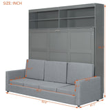 Linique Queen Size Murphy Bed with Sofa and Top Shelf, Horizontal Wall Bed, Versatile Convertible Wooden Bed Frame, Grey Linique
