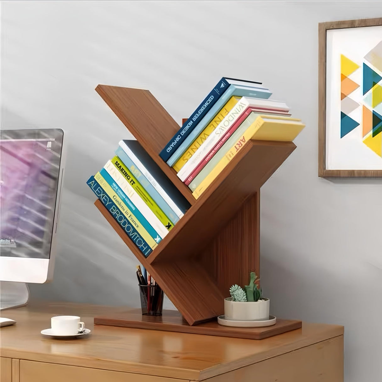 Godferyxin Book Tree Bookshelf, 3-Tier Wood Small Tree Bookcase for Displaying Books, CDs, Magazines and More at Office, Home or School Godferyxin