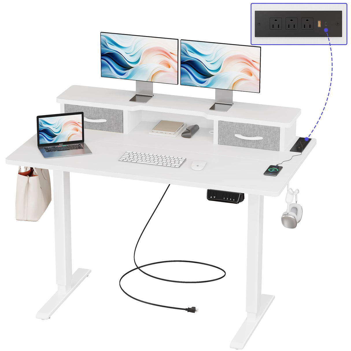 JOISCOPE 48 Inch Electric Standing Adjustable Height Desk with Double Drawer, Home Office Computer Gaming Desk with Storage Shelf and Power Outlets, Sit Stand Desk, White JOISCOPE