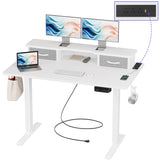 JOISCOPE 48 Inch Electric Standing Adjustable Height Desk with Double Drawer, Home Office Computer Gaming Desk with Storage Shelf and Power Outlets, Sit Stand Desk, White JOISCOPE