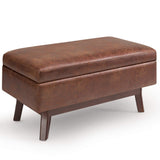 SIMPLIHOME Owen 36 inch Wide Mid Century Modern Rectangle Small Rectangular Storage Ottoman in Distressed Saddle Brown Vegan Faux Leather, Assembled, for the Living Room, Entryway and Family Room SIMPLIHOME