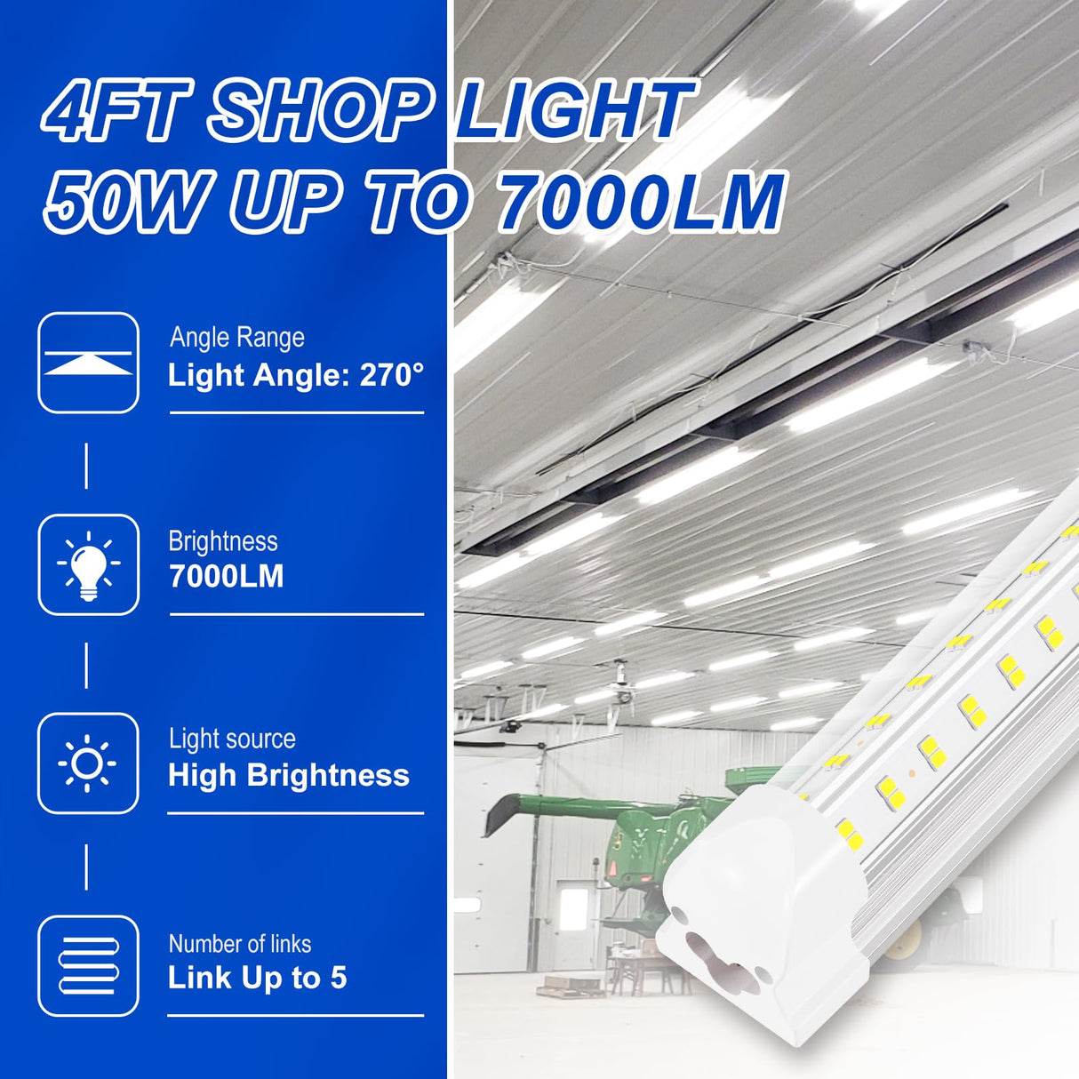 XLNYUUI Led Shop Lights, 4FT LED Light 50W 6500K 7000LM Led Daylight,Led Garage Light,Linkable Clear Cover Integrated V-Shape for Garage Warehouse Workbench Workshop(2-Pack) XLNYUUI