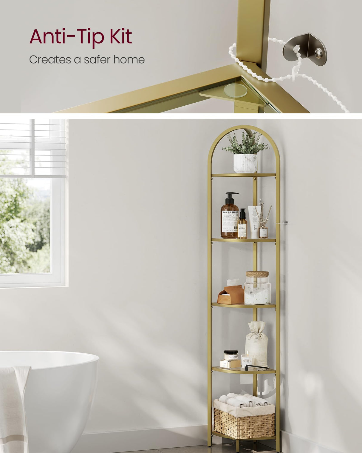 VASAGLE 5-Tier Corner Shelf Stand, Corner Bookshelf, Bathroom Organizer, Plant Stand, Tempered Glass, Steel Frame, Modern Style, for Living Room, Bathroom, Kitchen, Metallic Gold ULGT810A01 VASAGLE