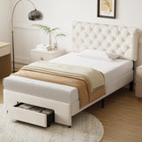 Belffin Twin Size Bed Frame with 1 Storage Drawer, Upholstered Bed Frame with Adjustable Diamond Headboard, Velvet Modern Platform Bed Frame, No Box Spring Needed, Easy to Assemble, Beige Belffin
