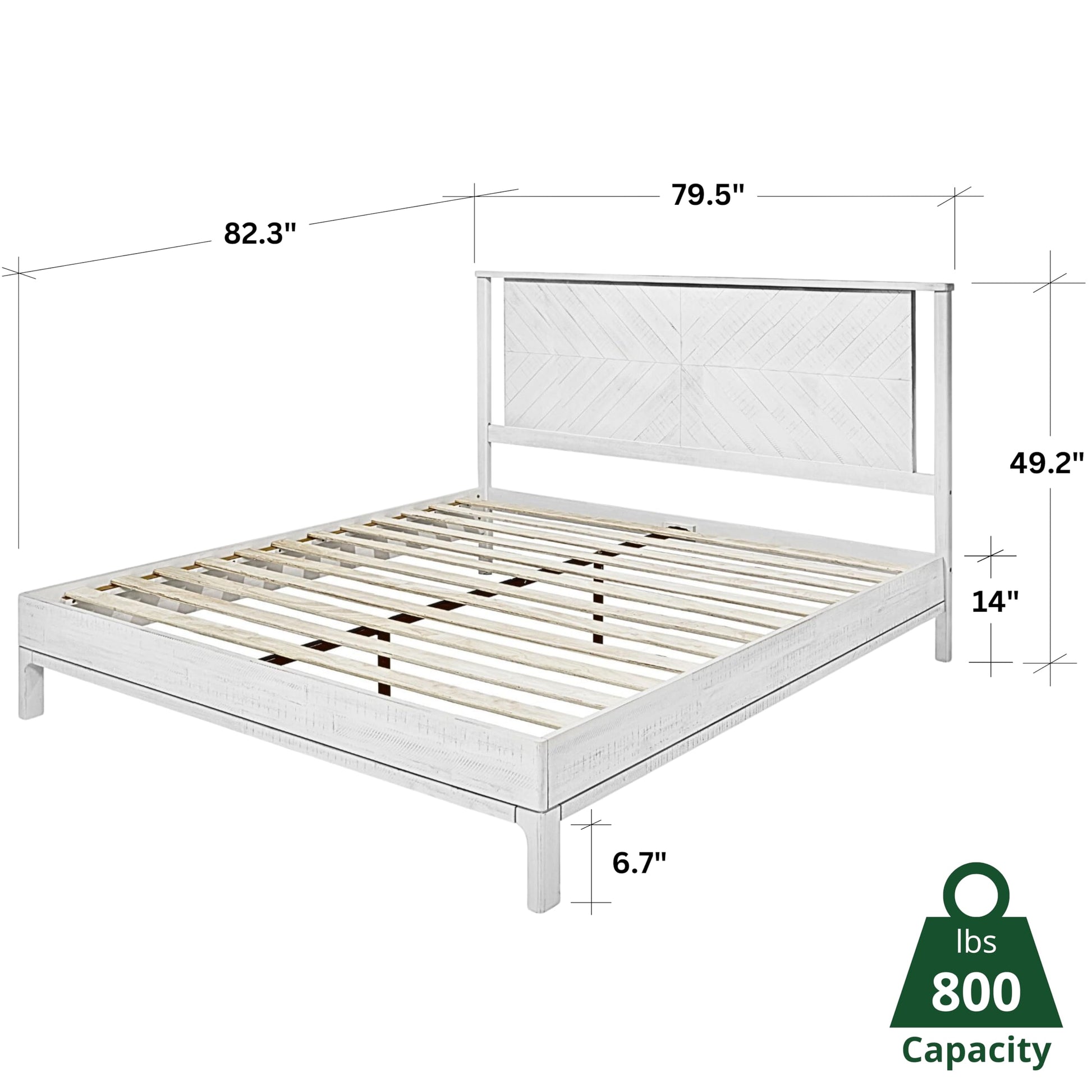 Bme Vivian 14 Inch Rustic White King Bed Frame with Herringbone Headboard and Solid Acacia Wood - WoodArtSupply