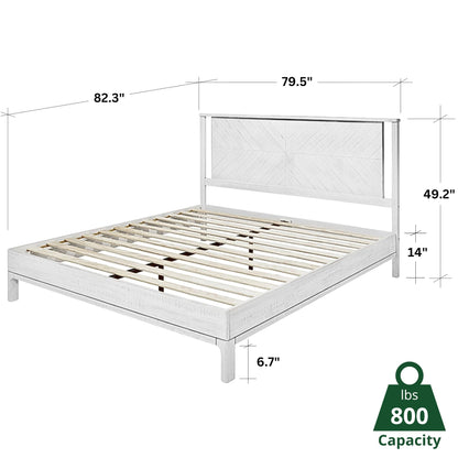 Bme Vivian 14 Inch Rustic White King Bed Frame with Herringbone Headboard and Solid Acacia Wood - WoodArtSupply