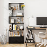 Tangkula Geometric S-Shaped Bookshelf with Cabinet - 6-Tier Freestanding Bookcase in Black for Home & Office Tangkula