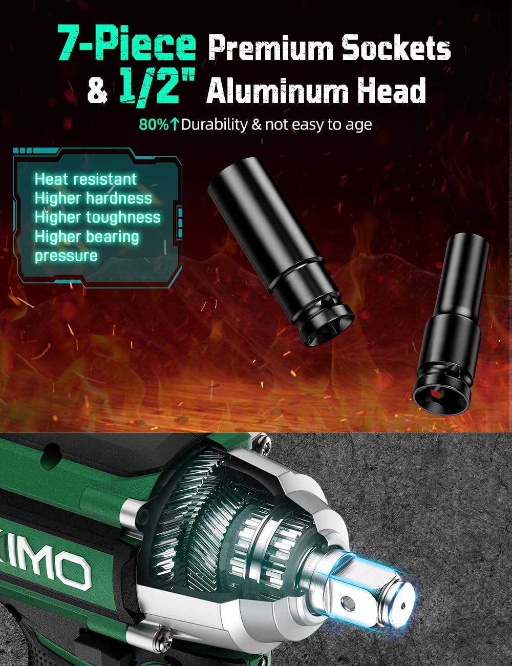 KIMO Impact Wrench 1/2 Cordless,550N.m/406ft-lbs Max Torque & 3000RPM, 2x20V 4.0Ah Battery, Impact Gun with 7 Drive Impact Sockets, 3 Inch Extension Bar, 1 Hour Fast Charger Impact Drill for Car Tires K I M O.