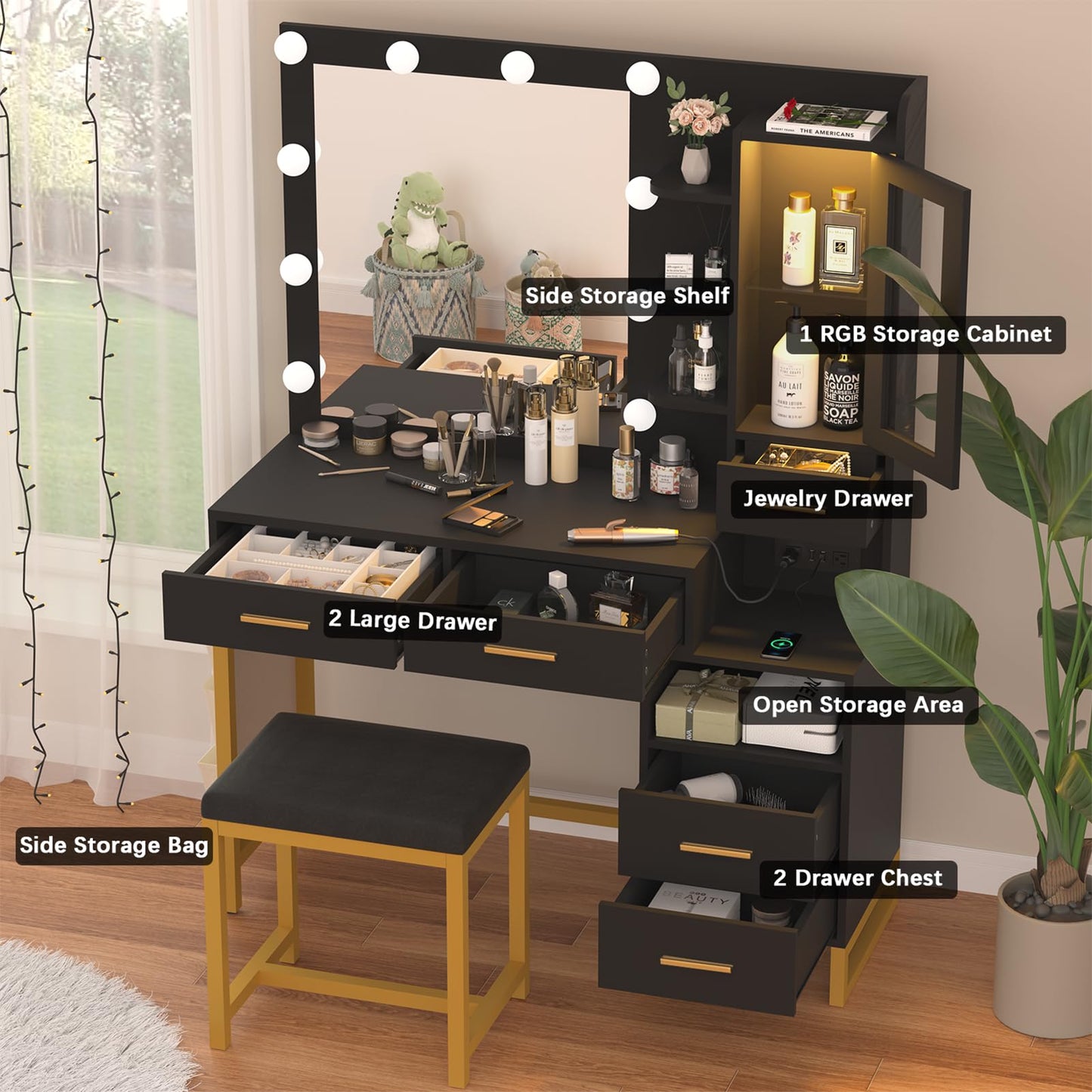 Makeup Vanity Table Set with LED Lights & Charing Station, Large Make up Vanity Desk with Mirror and Lights, Dressing Vanity Table with Nightstand & Soft Stool, Black Vanity with Drawers & RG - WoodArtSupply