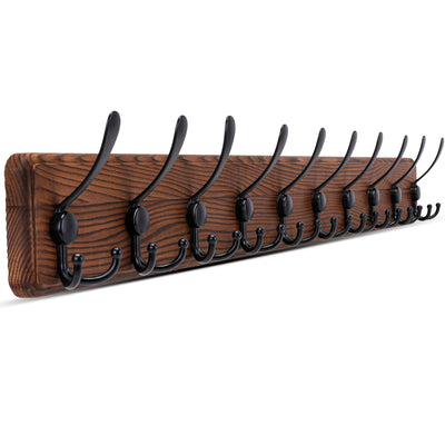 Kruodop Large Coat Rack Wall Mount Coat Hooks Coat Hanger with 10 Metal Black Triple- Hooks Brown Pine Real Wood Plank Hat Rack for Wall Hooks for Hanging Coat Hat Jacket