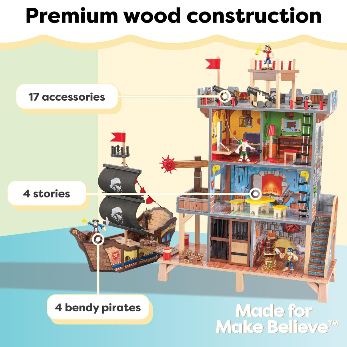 KidKraft Pirate's Cove Wooden Ship Play Set with Lights and Sounds, Pirates and 17-Piece Accessories, Gift for Ages 3+ KidKraft