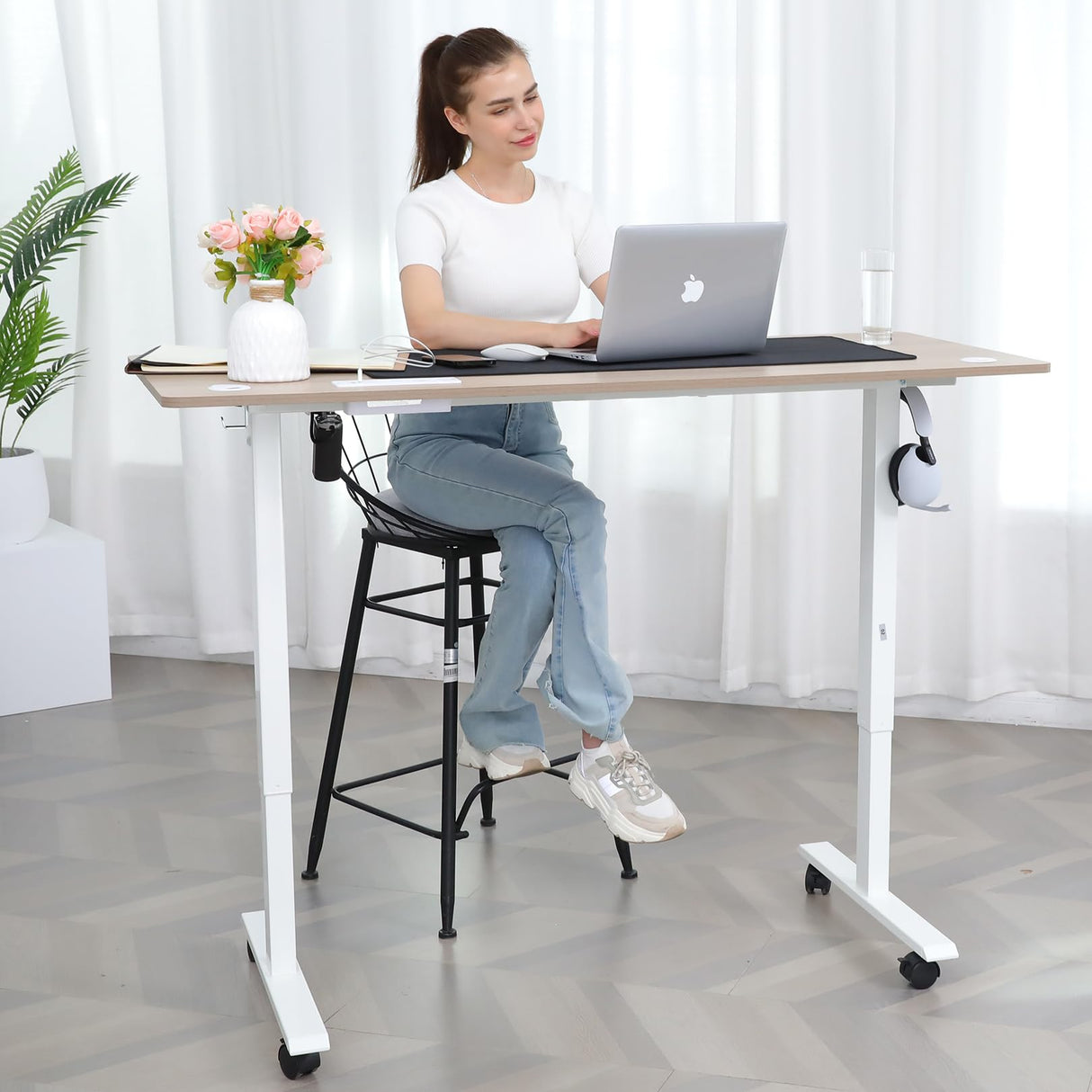farexon 48 x 24 inch Standing Desk Electric Adjustable Height with Charging Station, Stand up Desk with Ergonomic Workstation, 4 Preset Heights Easy to Set（Oak Grey farexon