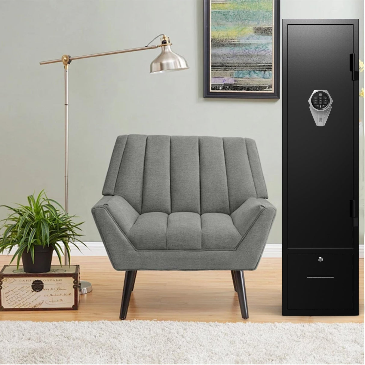 Emasme 5 Gun Cabinets for Rifles and Shotguns, Biometric Long Gun Safe with Pocket Knife Storage, Assembled Gun Cabinet with Locker Drawer, Removable Shelf, LED Light, Pistol Pouches Emasme