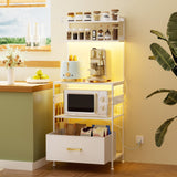 YIPPPPE Bakers Rack with Power Outlet, 5-Tier Microwave Stand with Fabric Drawer and 5 Hooks, Coffee Bar Table with LED Light, Kitchen Storage Shelf Rack for Spices, Pots and Pans, White YIPPPPE