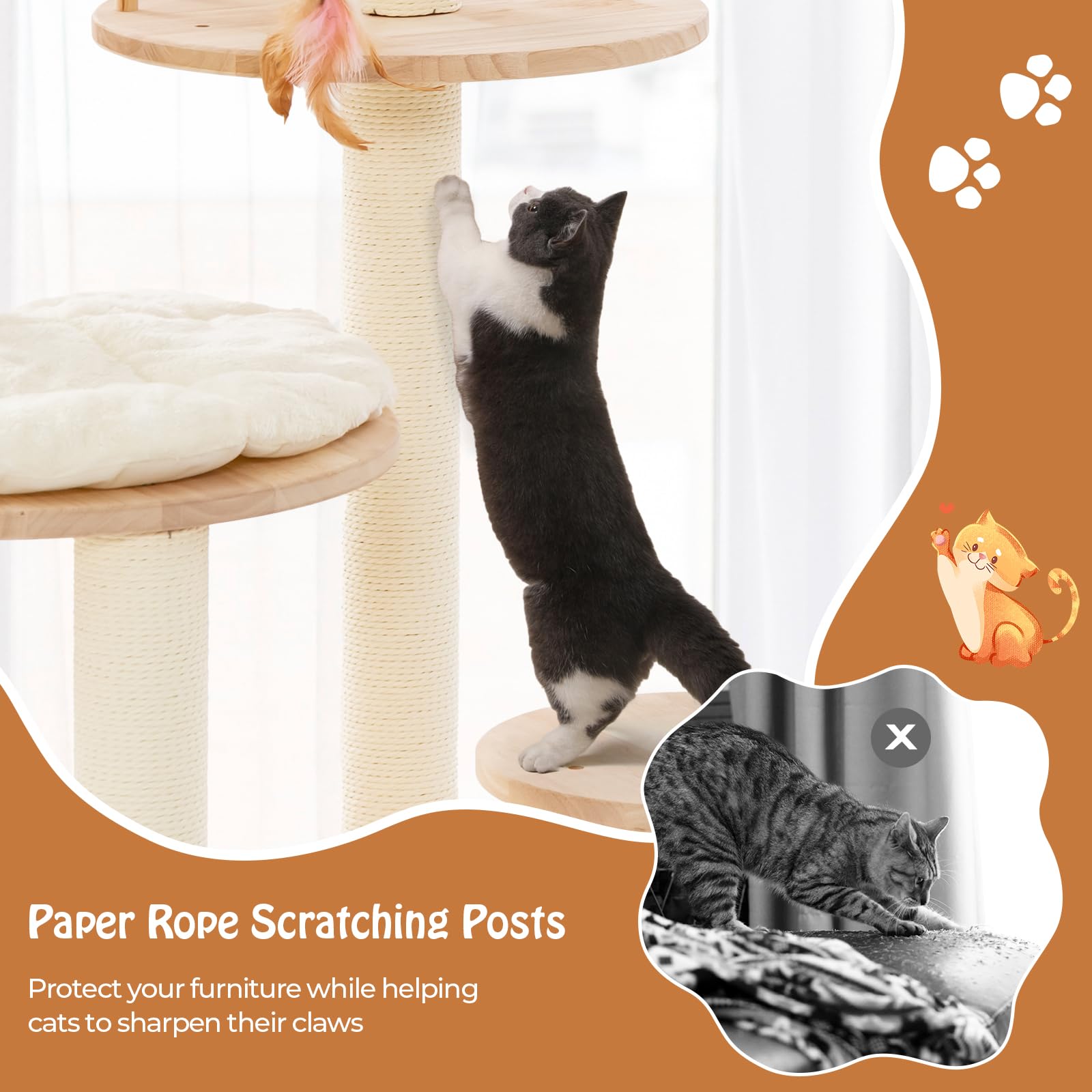 PETSITE 57 Inches Tall Wooden Cat Tree, Multi-Level Cat Tower with Scratching Posts, Space Capsule Bed, Padded Platform and Hanging Ball, Modern Transformable Cat Tree Tower for Indoor Cats L - WoodArtSupply