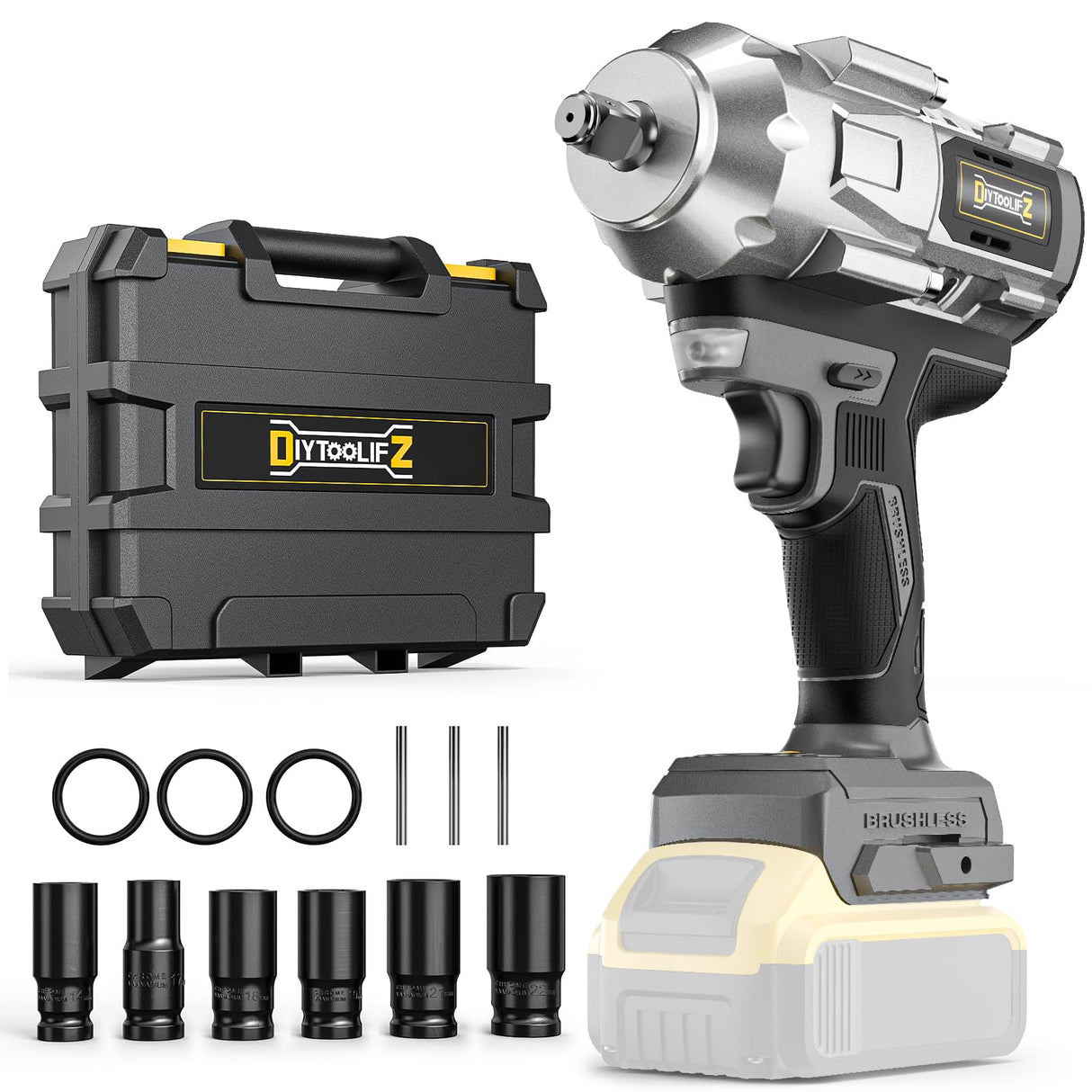 Cordless Impact Wrench 1/2 inch for Dewalt 20v Battery, 900FT-LBS(1200N.m) Brushless Electric Impact Gun for Car Home, High Torque Power Impact Driver with 6Pcs Sockets & Storage Case (No Battery) DIYtoolifz