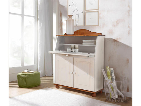 REALROOMS Chester Solid Wood Storage Desk with Bottom Closed Storage Cabinet, White and Honey REALROOMS