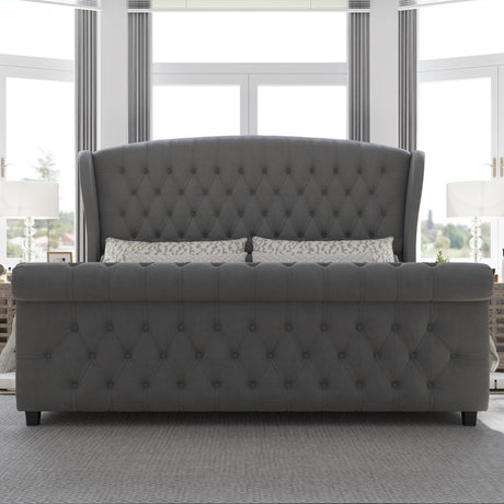 AMERLIFE King Size Platform Bed Frame, Velvet Upholstered Sleigh Bed with Scroll Wingback Headboard & Footboard/Button Tufted/No Box Spring Required/Grey AMERLIFE