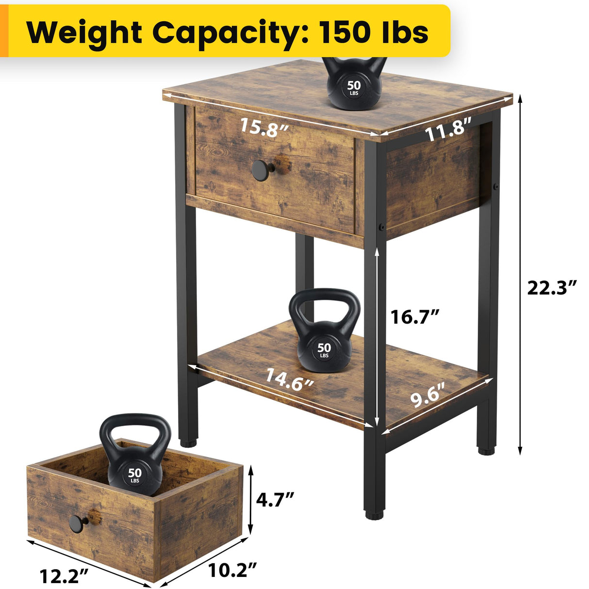 Night Stand Set of 2, Bedside Table with Drawers, Modern End Side Table with Storage Shelves, Versatile Nightstands for Bedroom Living Room Sofa Couch, Wood Metal Bedroom Furniture, Rustic Brown CALERTAIN