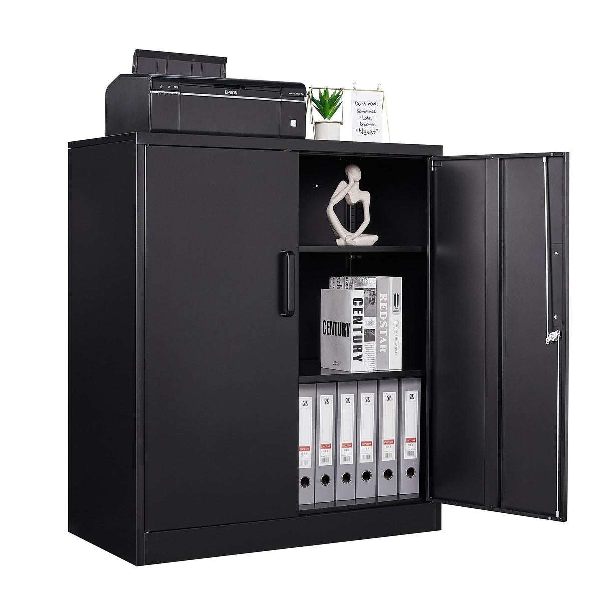 Anxxsu Metal Storage Cabinet, Lockable Steel Storage Cabinet with 2 Doors and Shelves, Metal Cabinet with Lock, Small Locking Cabinet for Home Office (Black) Anxxsu