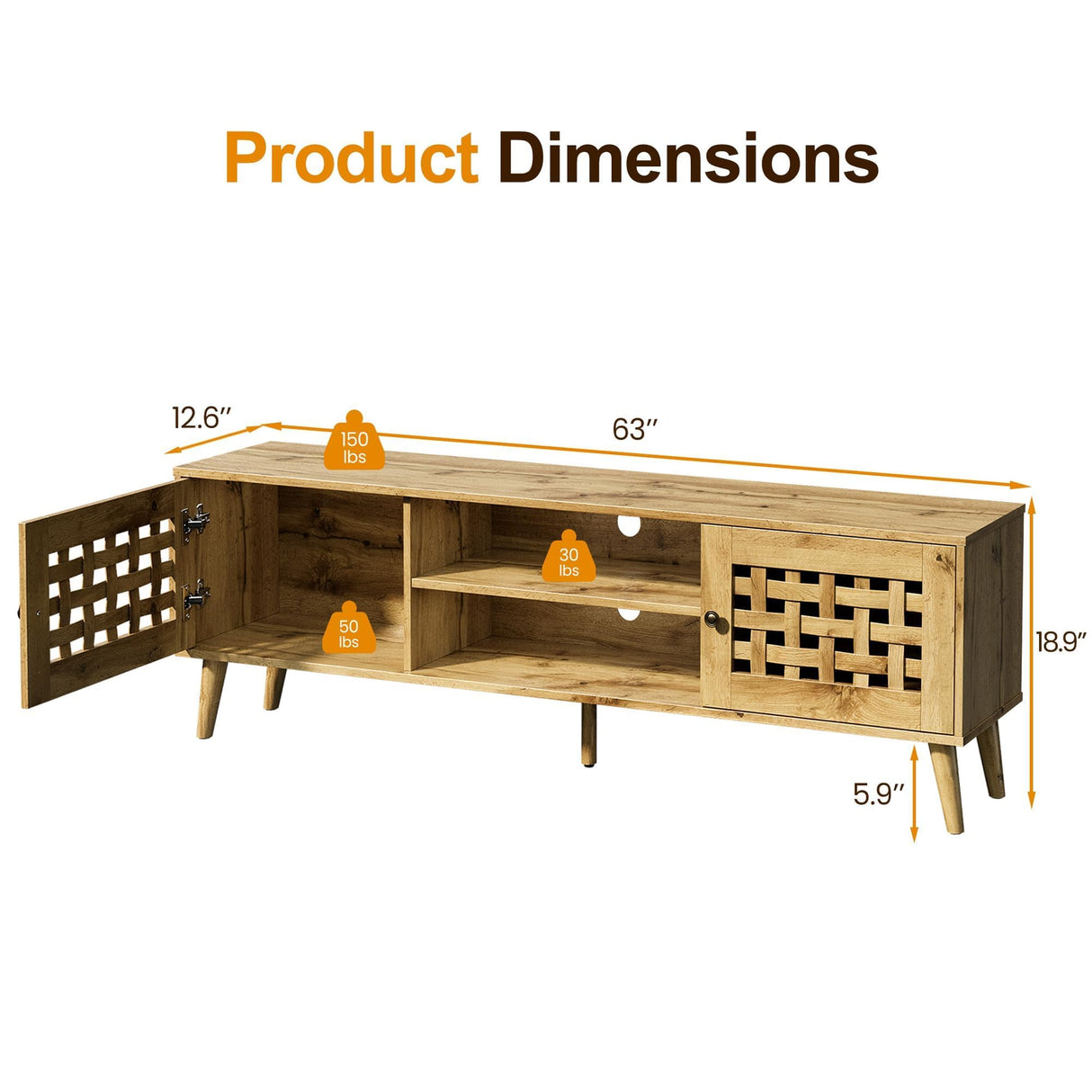 RoyalCraft 63'' TV Stand with Storage, Wood TV Entertainment Center for 65 inch TV, Mid Century Modern TV Entertainment Center with Storage, TV Consoles Cabinets for Living Room RoyalCraft