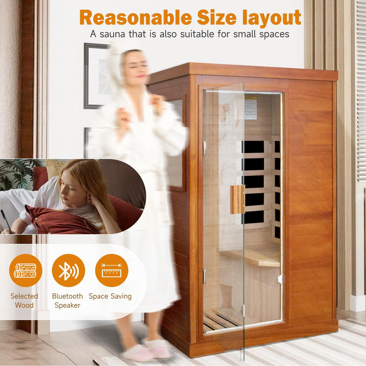 One/Single Person Sauna Far Infrared Oguman Wood Saunas Room with Red Light Therapy Home Wood Spa Dry Saunas Single Person Spa Beauty of Natural Wood 27.6"x35.2"x61.6" Light Brown cabirty