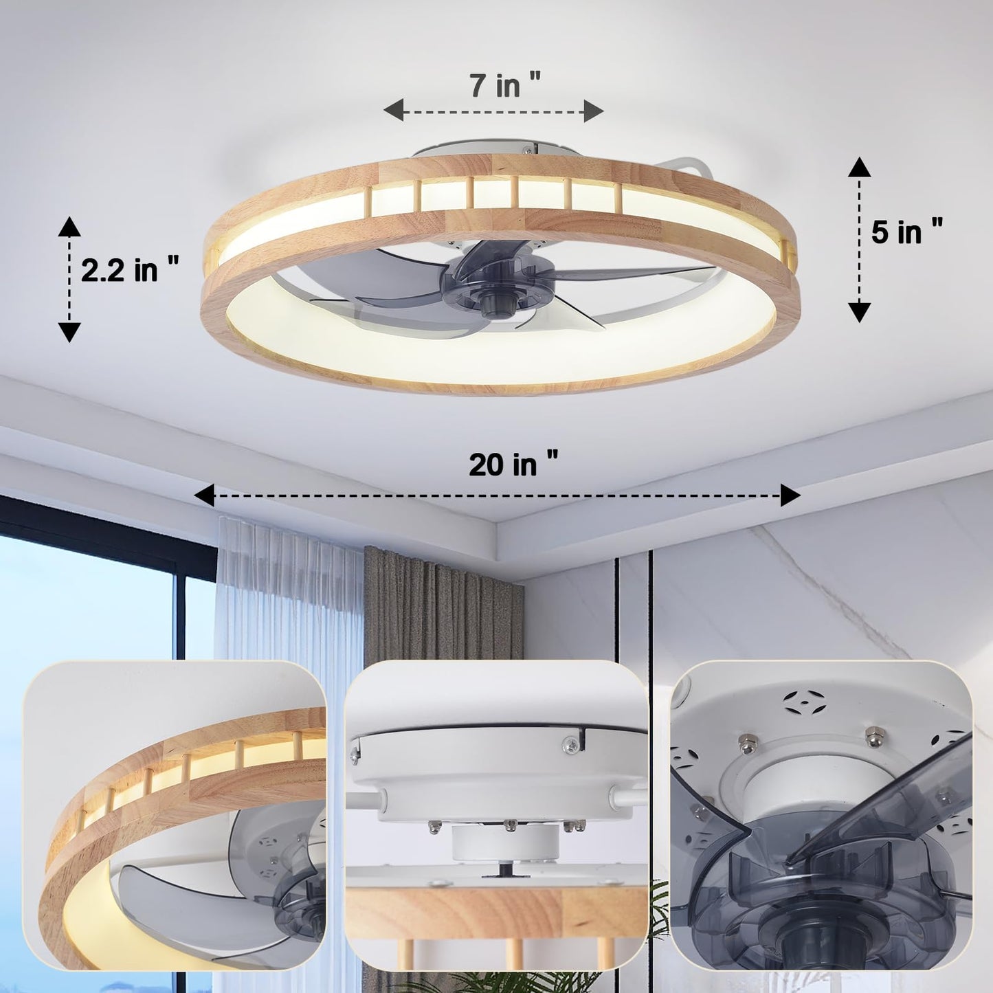 FIELDY Ceiling Fans with Lights, 20 inch Modern Wood Carving Ceiling Fans with Lights and Remote, 3 Color Dimmable LED, 6 Speeds Reversible, Low Profile Flush Mount Ceiling Fan with Light for - WoodArtSupply