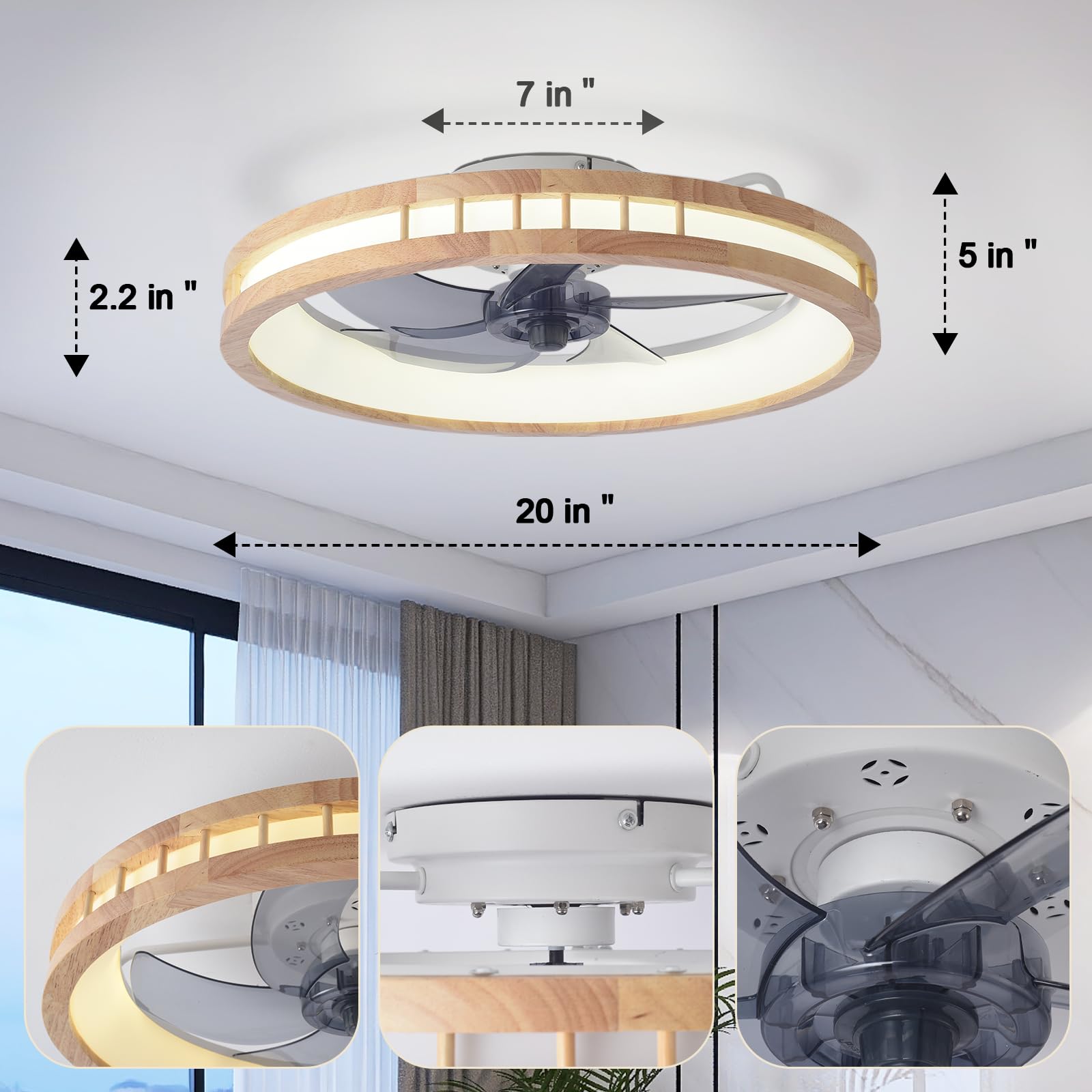 FIELDY Ceiling Fans with Lights, 20 inch Modern Wood Carving Ceiling Fans with Lights and Remote, 3 Color Dimmable LED, 6 Speeds Reversible, Low Profile Flush Mount Ceiling Fan with Light for - WoodArtSupply