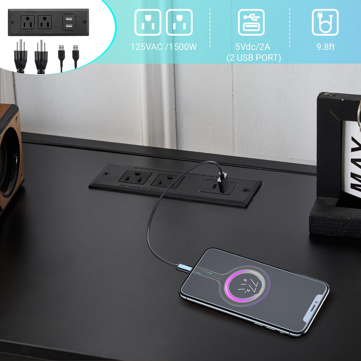 Karl home Twin Metal Loft Bed with Desk, with Power Outlet and LED Lighted, Safety Guardrail & Ladder, Space Saving, No Noise, No Box Spring Needed, Black Karl home