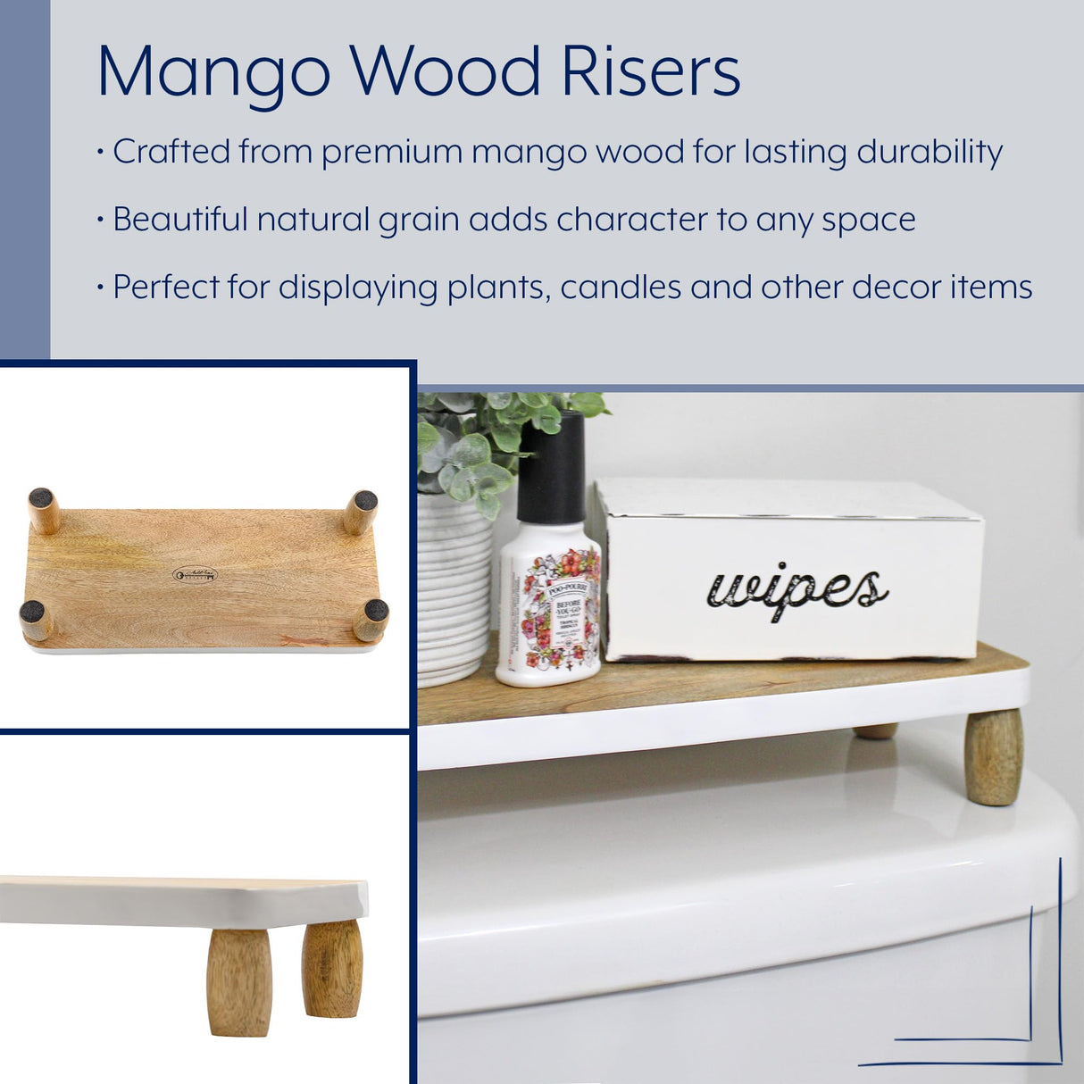 AuldHome Farmhouse Wooden Risers (Set of 2, Rectangular); Rustic Decorative Pedestal Stands for Display w/ Natural Mango Wood and Enamel Trim AuldHome Design