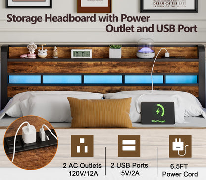 Furnulem Rustic Brown King Headboard with RGB LED, USB Charging Station, and Storage Shelf - WoodArtSupply