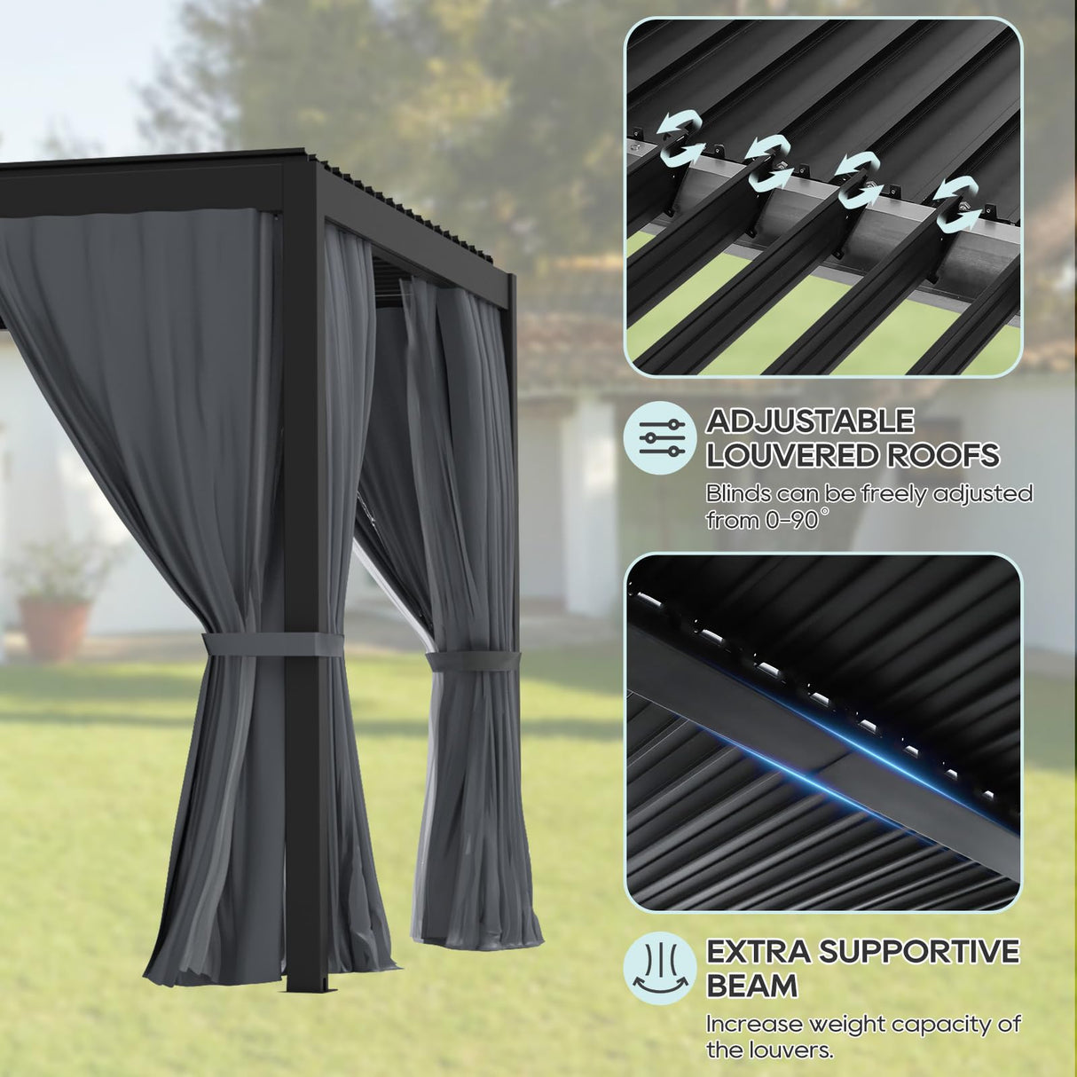 LVUYOYO Louvered Pergola 10' x 10', Outdoor Pergola with Adjustable Roof, Patio Aluminum Frame Metal Gazebo with Curtains and Netting for Patio, Backyard, Garden, Deck (Black) LVUYOYO